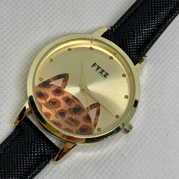 FYZZ Kitty Cat women watch gold tone 35mm round case quartz analog running - Picture 2 of 9